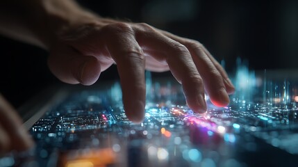 Naklejka premium Hand interacting with futuristic digital interface.