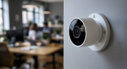 Security camera mounted on wall, blurry office background