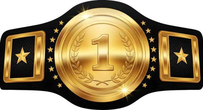 Golden championship belt with number one symbolizing victory and achievement in sports or business success perfect for awards and recognition on transparent background
