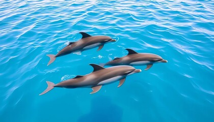 Obraz premium Three bottlenose dolphins swimming gracefully in the ocean, mammals, mammalian
