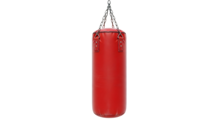 Red punching bag hanging from chains for boxing training and fitness workouts in a gym or home studio setting on transparent background