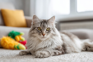 fluffy cat lounging comfortably on soft couch surrounded by plush toys