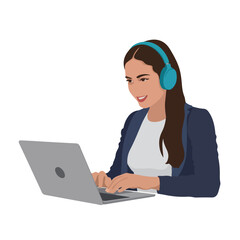 Woman working on laptop with headset
