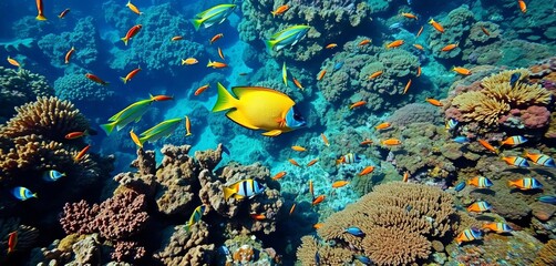 Vibrant coral reef teeming with colorful fish,  polyps,  underwater scene