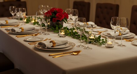 Fototapeta premium Festive table setting with red roses, candles, and golden cutlery