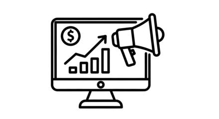 Online marketing campaign showing growth charts and dollar sign on a computer screen with a megaphone icon for advertising and promotion efforts on transparent background