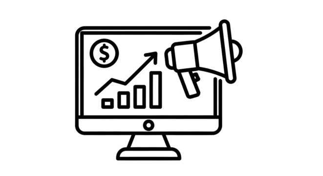 Online marketing campaign showing growth charts and dollar sign on a computer screen with a megaphone icon for advertising and promotion efforts on transparent background