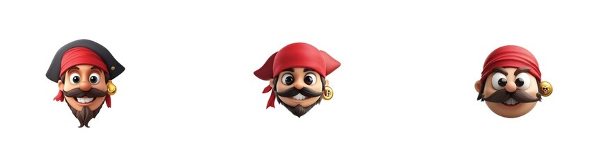 Cartoon pirate faces with red bandana and earrings