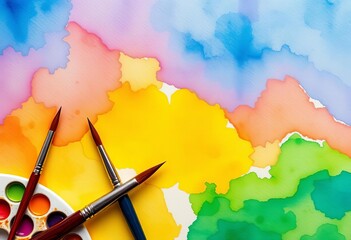 Vibrant watercolor washes on textured paper, paintbrushes, palettes,  vibrant,  header