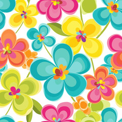 Vibrant floral pattern featuring colorful flowers in shades of pink, blue, yellow, and orange against a white background.