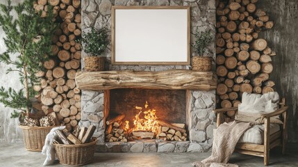 Cozy Living Room with Fireplace, Natural Wood Elements, and Empty Picture Frame