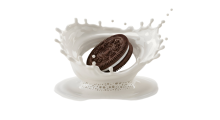Delicious cookie splashing into creamy milk, a sweet moment