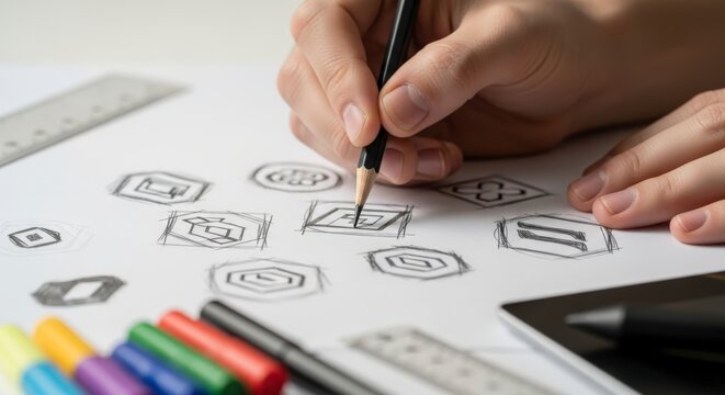 A designer's hand sketching various geometric logo concepts on a white sheet of paper with a pencil, ruler, and markers.