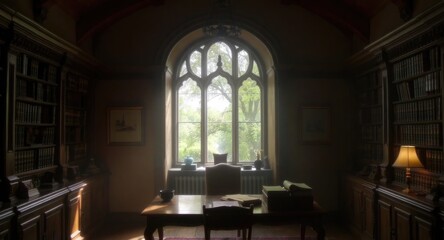 Dimly lit library room with arched window