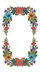 Floral frame with colorful flowers and leaves, oval shape.