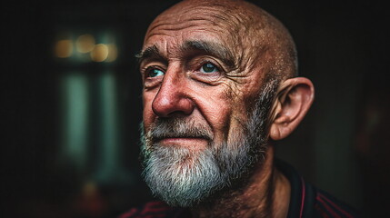 An old man with a bald head and a gray beard looks up, deep in thought, against a dark background. Portrait of an elderly male showing contemplation and aging.