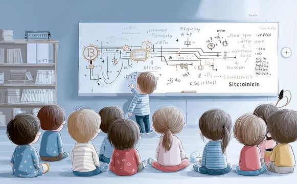 Cartoon Footage of Student in classroom learning Bitcoin Blockchain algorithms on the board, digital currency, decentralized finance, learning or knowledge concept