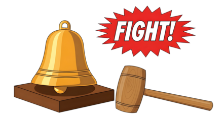 Boxing match bell with a wooden gavel and the word fight on a red starburst background for a competition announcement on transparent background