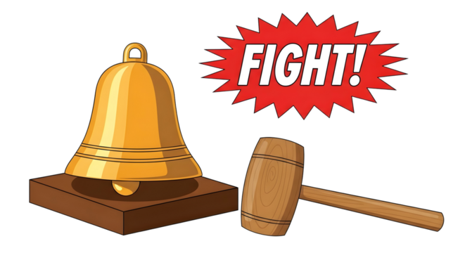Boxing match bell with a wooden gavel and the word fight on a red starburst background for a competition announcement on transparent background