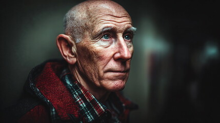 Obraz premium An old man with a bald head and a gray beard looks up, deep in thought, against a dark background. Portrait of an elderly male showing contemplation and aging.