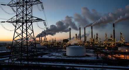 Industrial power plant with steam plumes against a dramatic twilight sky and transmission tower