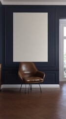 Stylish Navy Wall with Empty White Frame and Modern Brown Chair for Elegant Spaces
