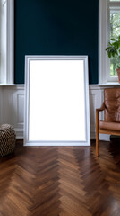 Stylish White Frame on Navy Wall in Modern Interior with Rich Wooden Floor