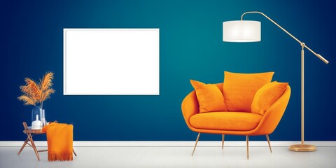 Stylish Interior with Navy Wall, White Frame, Orange Couch, and Decorative Accessories