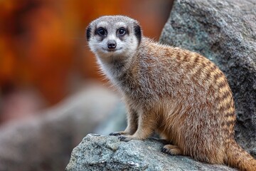 Fototapeta premium Cute Small Meerkat Sitting on Rock in Natural Habitat with Blurred Autumn Background