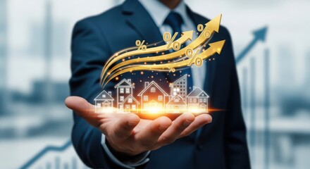 Vector art of real estate market growth with rising interest rates and property values