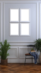 Fototapeta premium Elegant White Paneled Wall with Empty Frames and Stylish Chair in Modern Interior