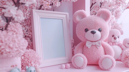 Chic Modern Nursery Decor with Pink Teddy Bear and Floral Elements
