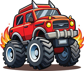Fiery Red Monster Truck Powerful Vehicle Cartoon Illustration