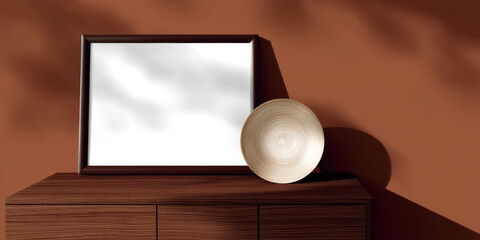 Elegant Terracotta Wall Mockup Featuring Frame and Textured Plate on Wooden Surface