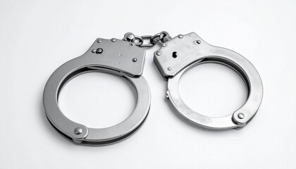 Open metallic handcuffs on light surface—circular symmetry and reflective steel evoke restraint, authority, and justice in minimalist law enforcement symbolism composition.