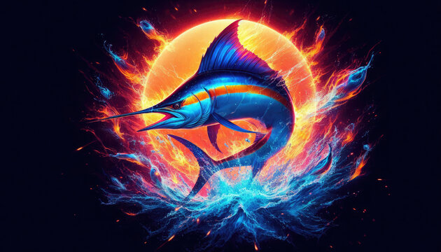 Majestic Atlantic blue marlin leaps under a lunar arc on fiery orange background with splashes. Great for sport fishing gear, tees, souvenirs, capturing night angling