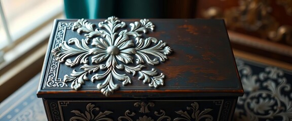 Intricate silver floral motif on antique box; elegant, ornate design,  box,  pattern