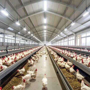 Rows of white chickens in a modern poultry farm