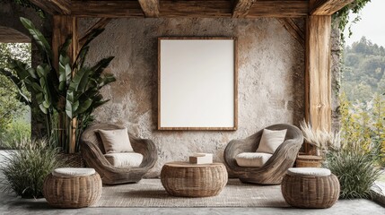 Rustic Modern Living Room Mockup with Blank Canvas and Natural Textures