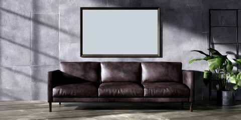 Modern Couch on Textured Gray Wall with Empty Frame for Art Mockup Display