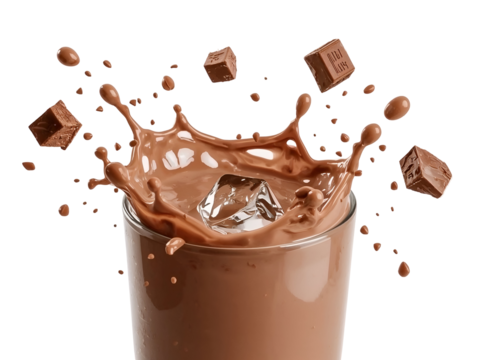 Chocolate milkshake splash with ice cubes and chocolate pieces falling into glass on transparent background. black background isolated on a transparent background
