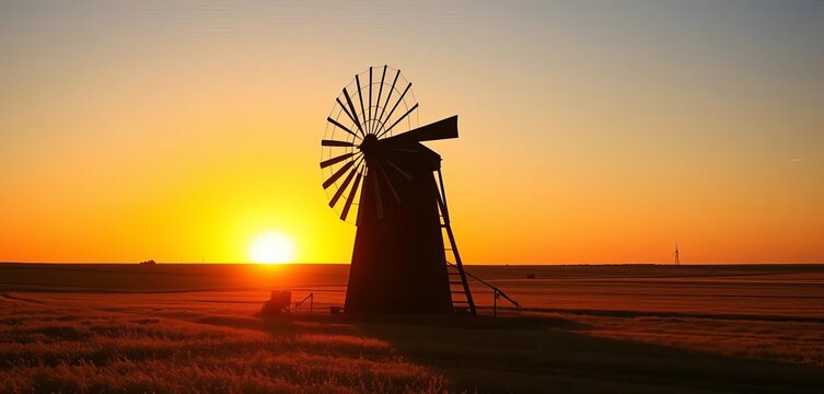 Silhouetted aermotor windmill on Kansas prairie at sunset, golden light,  Kansas,  USA