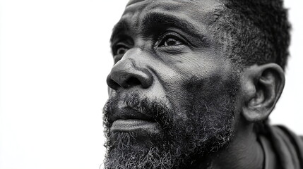 Obraz premium Close-up of an african american man in black and white. Detailed portrait showing skin texture and beard stubble. Concept of aging, wisdom, and raw emotion.