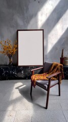 Modern Loft Interior Mockup with Empty Frame, Cozy Chair, and Decorative Elements