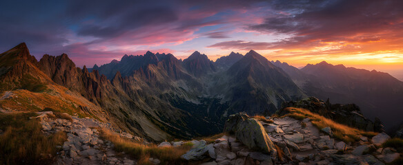 High-Resolution Panoramic Landscape of the Mountains with Rocky Peaks at Sunrise