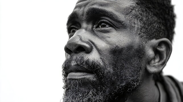 Close-up of an african american man in black and white. Detailed portrait showing skin texture and beard stubble. Concept of aging, wisdom, and raw emotion.