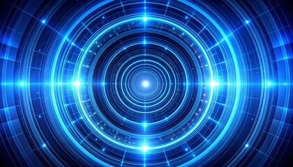 A vibrant digital composition showcases concentric, glowing circles in shades of blue, giving a futuristic and technological atmosphere