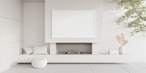 Modern White Frame Mockup Above Minimalist Fireplace in Contemporary Living Room