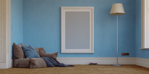 Cozy Interior with Muted Blue Wall and Blank Frame Ideal for Art Display