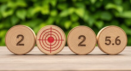Vector art of wooden discs with numbers and a target symbol representing the year 2025